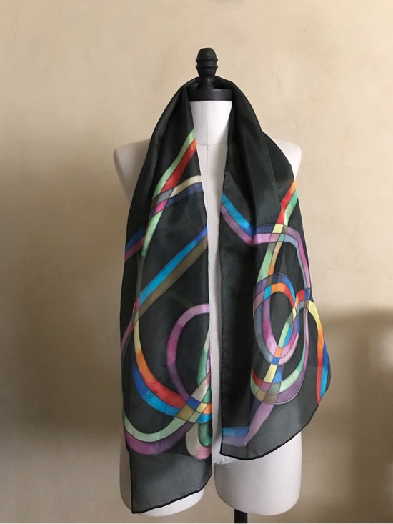 Invisible World Accessories - Multicolor Loop Print Black Silk Scarf